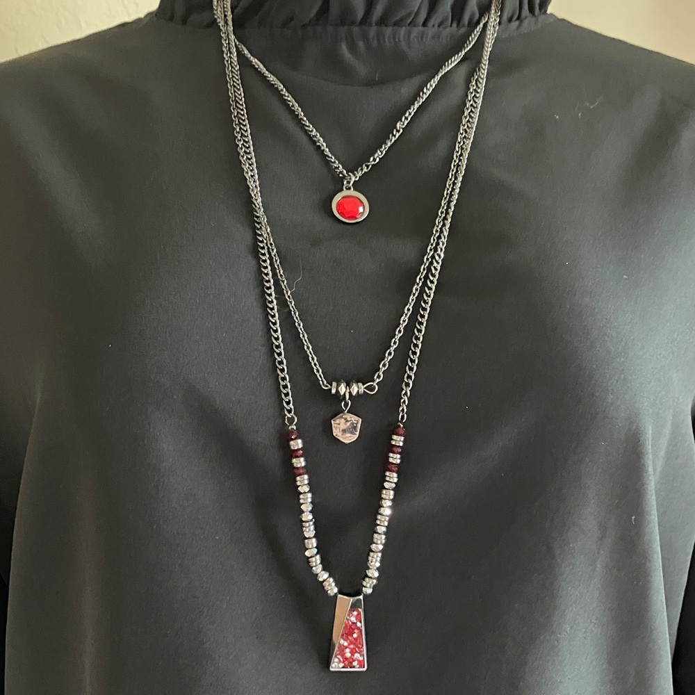 Cato Silver and‎ Red Multi-Layer Beaded Necklace